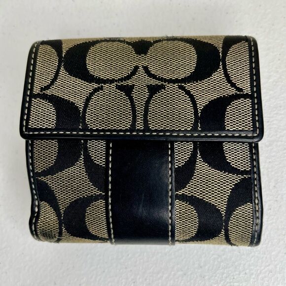 Coach Signature C Logo Classic Black Brown Bifold Wallet Leather Canvas Women - Picture 3 of 10